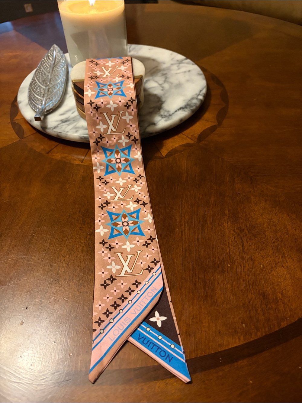 Louis Vuitton tan and Blue Monogram Silk Twilly